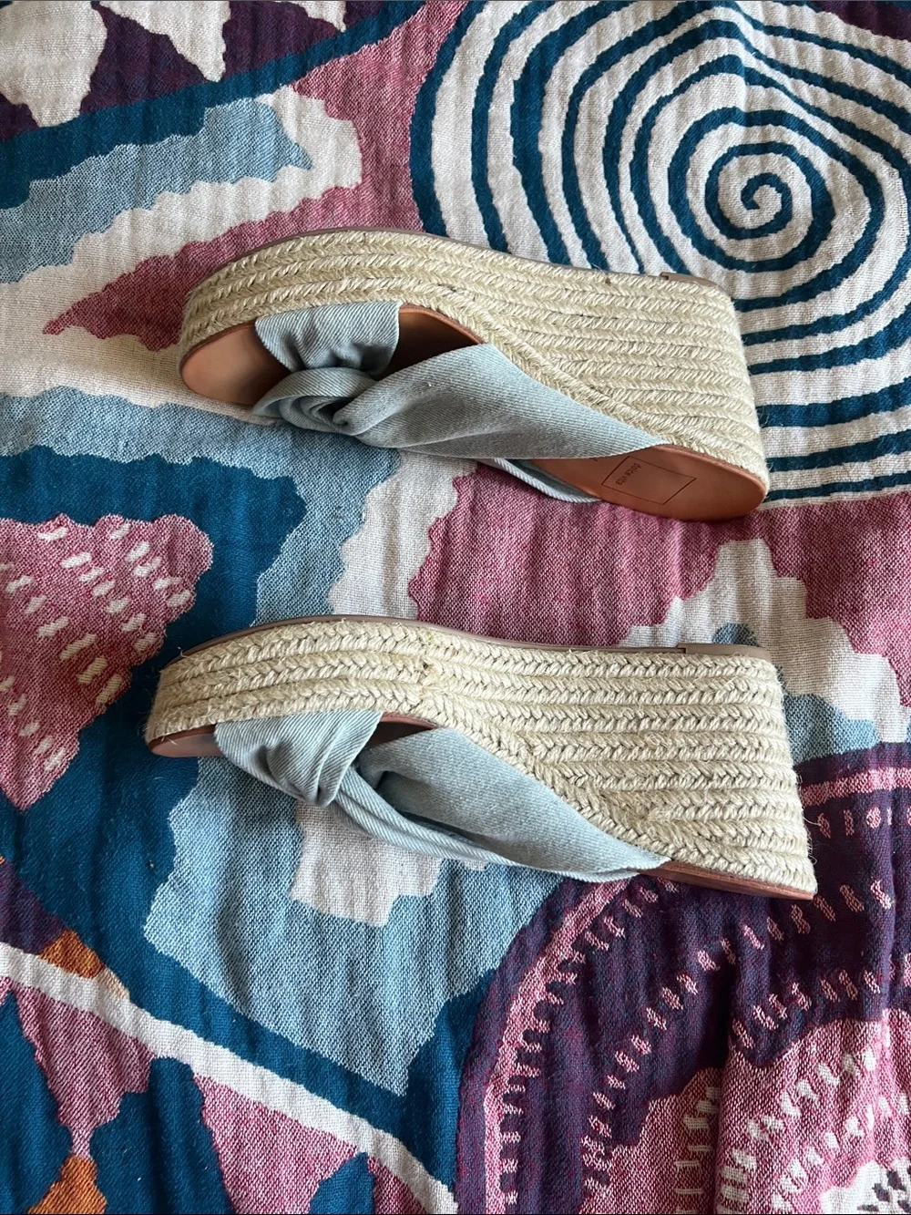 Dolce Vita Light Blue Denim Twisted Espadrille Wedge Slides